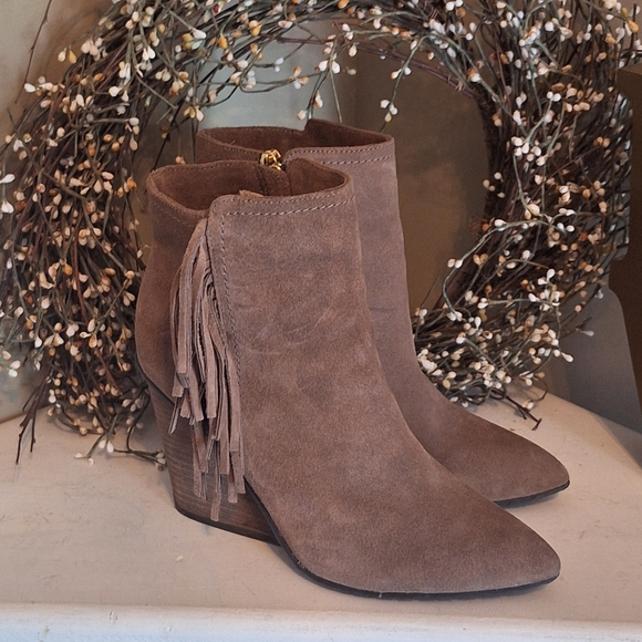 Isola Fringed Suede Leather Ankle Heeled Boots - Taupe Brown 6 - Picture 3 of 16